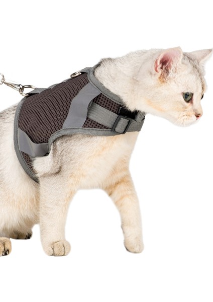 Kedi Tasması Göğüs Boyun Tasma Seti Sevk Kayışlı Terletmeyen Nefes Alan Reflektörlü Tasma Gri S