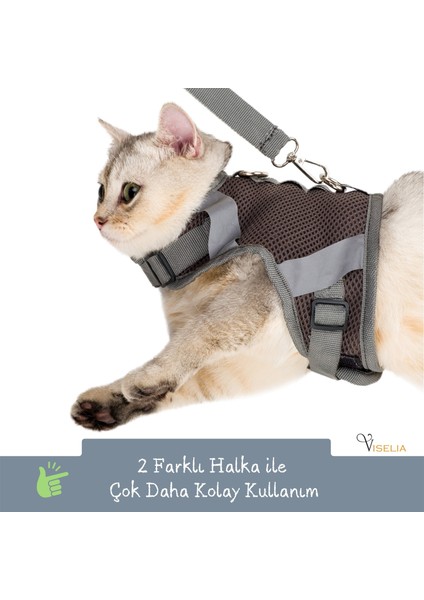 Kedi Tasması Göğüs Boyun Tasma Seti Sevk Kayışlı Terletmeyen Nefes Alan Reflektörlü Tasma Gri S modelleri