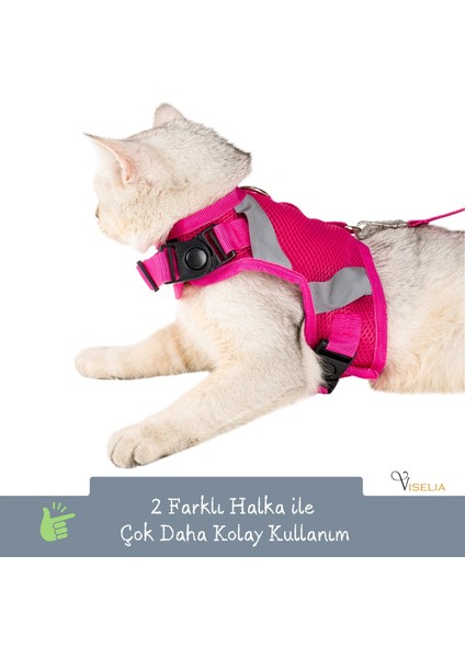 Kedi Tasması Göğüs Boyun Tasma Seti Sevk Kayışlı Terletmeyen Nefes Alan Reflektörlü Tasma Pembe S modelleri