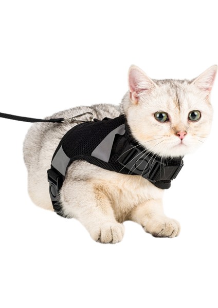 Kedi Tasması Göğüs Boyun Tasma Seti Sevk Kayışlı Terletmeyen Nefes Alan Reflektörlü Tasma Siyah M