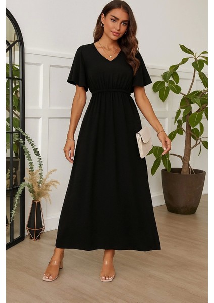 Kadın Kısa Kollu V Yakalı Beli Lastikli Uzun Viskon Elbise