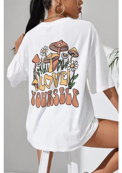 Unisex Baskılı Oversize T-Shirt - Beyaz fırsatları