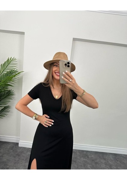 Kadın Kısa Kollu V Yaka Maxi Boy Elbise 124 cm