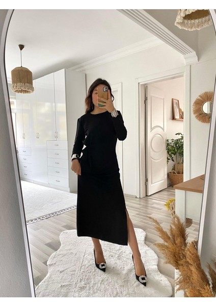 Kadın Uzun Kollu Bisiklet Yaka Belden Çapraz Bağlamalı Yandan Yırtmaçlı Uzun Viskon Iki Iplik Elbise