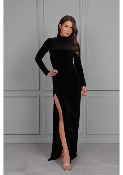 Kadın Uzun Kollu Yarım Balıkçı Yaka Derin Yırtmaç Detay Krep Tam Boy Elbise fırsatları