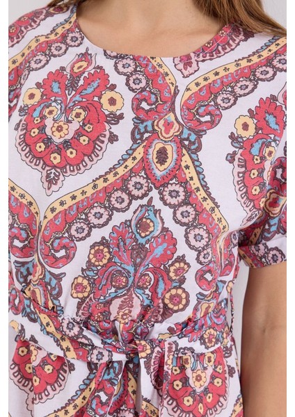 2389 Kemerli Keten Elbise - Nar