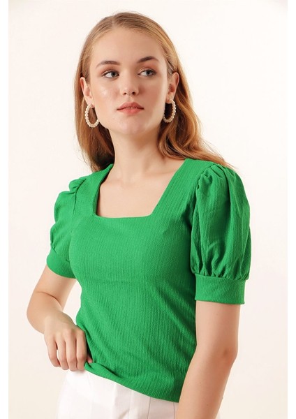 0409 Kare Yaka Örme Bluz - Yeşil indirimleri