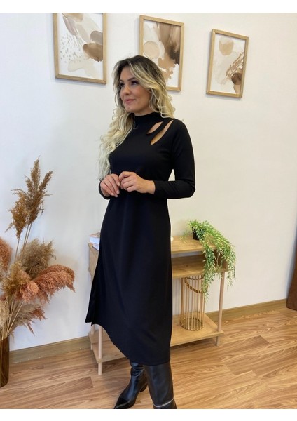 Kadın Uzun Kollu Balıkçı Yaka Omuzda Damla Detaylı Yırtmaçlı Krep Midi Elbise