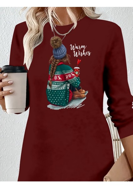 Kadın Uzun Kollu Bisiklet Yaka Desenli Viskon Iki Iplik Elbise indirimleri