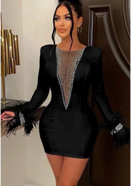 Kadın Dalgıç Kumaş Tül ve Taş Aksesuarlı Kolları Tüylü Mini Boy Elbise indirimleri