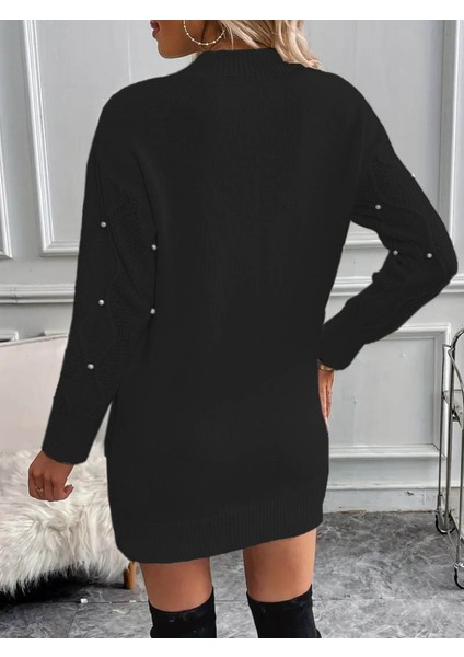 Kadın Uzun Kollu Bisiklet Yaka Desenli Triko Elbise