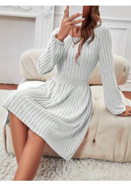 Kadın Uzun Kollu Bisiklet Yaka Beli Lastikli Şardonlu Kaşkorse Mini Elbise indirimleri