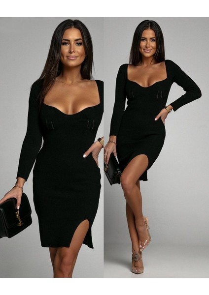 Kadın Uzun Kollu Geniş Yaka Yırtmaç Detay Mini Boy Triko Elbise