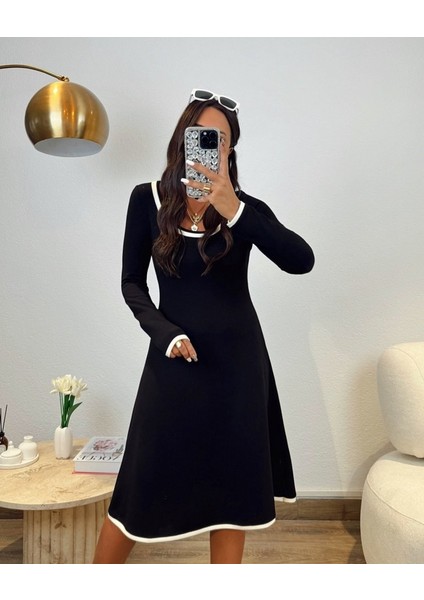 Kadın Uzun Kollu Derin Yuvarlak Yakalı Kısa Viskon Iki Iplik Elbise
