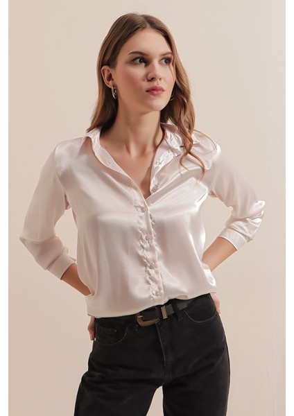 3964 Hafif Dökümlü Saten Gömlek - Krem fiyatları