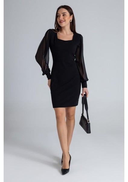 Kadın Kare Yaka Kolları Tül Sandy Kumaş Fırsat Ürün Mini Siyah Elbise
