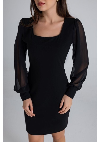 Kadın Kare Yaka Kolları Tül Sandy Kumaş Fırsat Ürün Mini Siyah Elbise