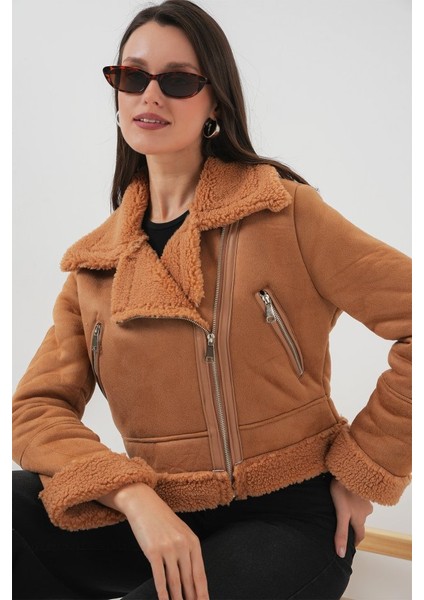 5155 Kruvaze Yaka Suni Kürklü Deri Mont - A.kahve modelleri