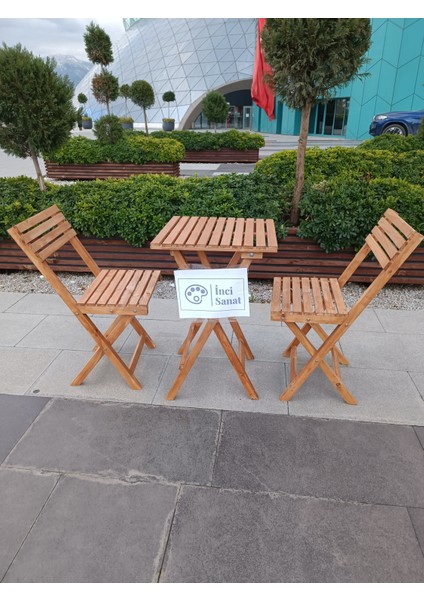 Ahşap Balkon Bahçe Mutfak Katlanır Masa Sandalye Takımı 3 Lü Bistro Set Dış Cephe Koruma Vernikli