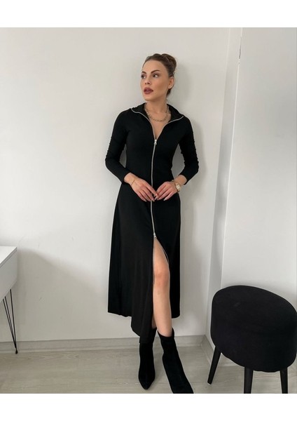Kadın Uzun Kollu Önden Fermuarlı Ithal Krep Elbise