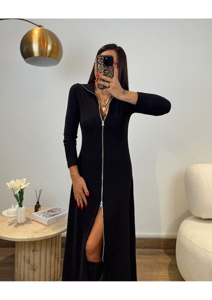 Kadın Uzun Kollu Önden Fermuarlı Ithal Krep Elbise