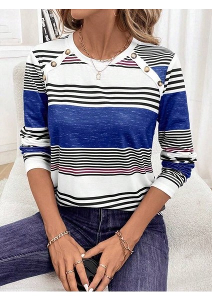 Kadın Uzun Kollu Bisiklet Yaka Düğme Detaylı Desenli Süprem Bluz modelleri