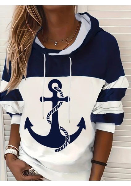 Kadın Uzun Kollu Kapşonlu Çıpa Desenli Şardonlu Dalgıç Bluz modelleri