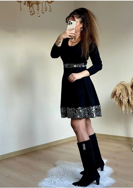 Kadın Bisiklet Yaka Beli ve Eteği Pul Payet Detay Fırsat Ürün Diz Üstü Elbise indirimleri