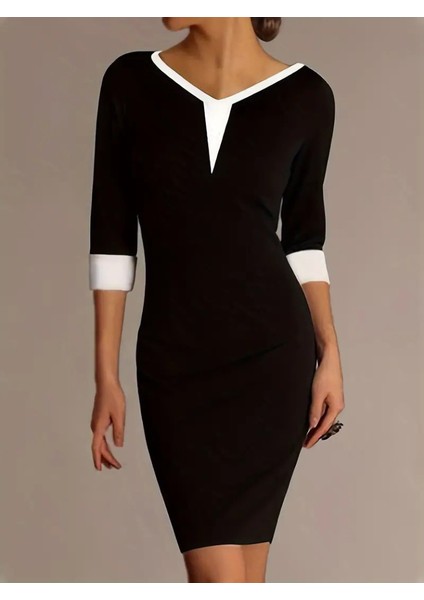 Kadın Truvakarkol V Yakalı Blok Renkli Kısa Janjan Krep Elbise