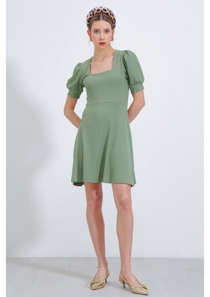 Çağla Yeşili Kare Yaka Örme Mini Elbise modelleri