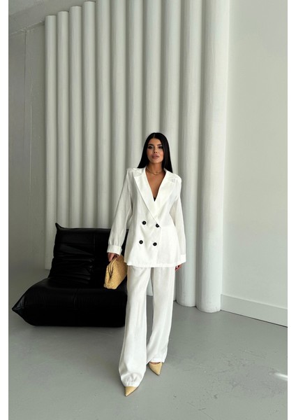 Modal 4 Düğme Astarsız Ceket - Pantolon Takım - Beyaz