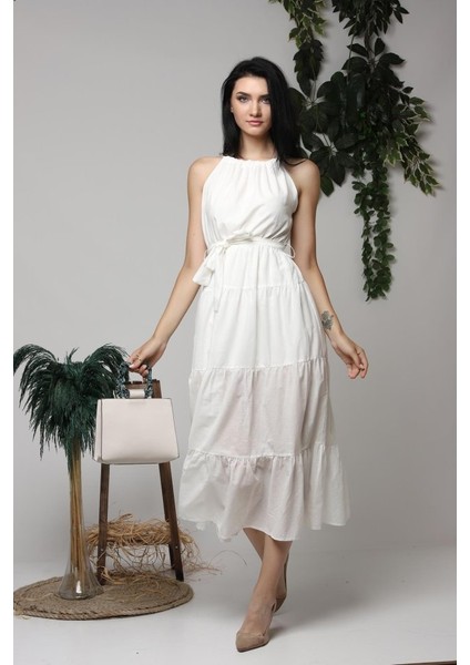 Ekru Halter Yakalı Kuşaklı Elbise