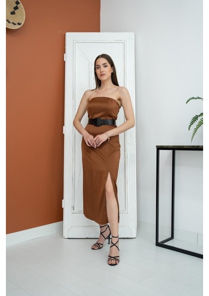 Kahverengi Straplez Saten Elbise modelleri