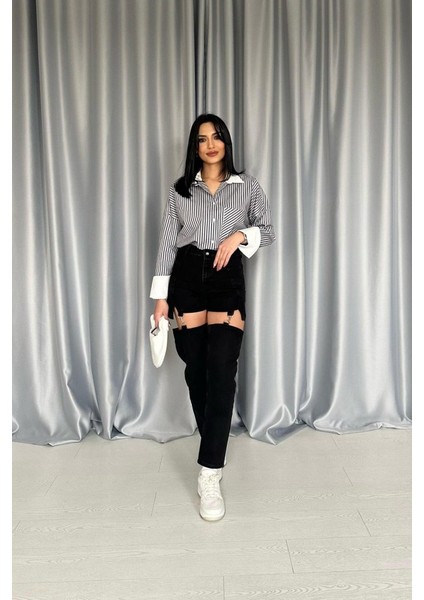 Siyah Askılı Iki Parça Jeans Pantolon