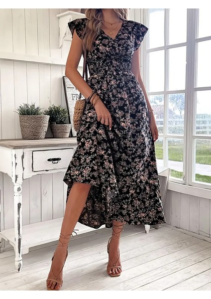 Kadın Kısa Kollu Kruvaze Yaka Beli Lastikli Çiçek Desenli Elbise indirimleri