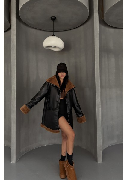 Deri Mont Kol ve Yaka Peluş Kapaksız Cep Detaylı - Siyah-Taba fırsatları