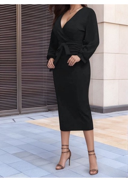 Kadın Uzun Kollu Kruvaze Yaka Belden Kuşaklı Midi Ithal Krep Elbise fiyatları