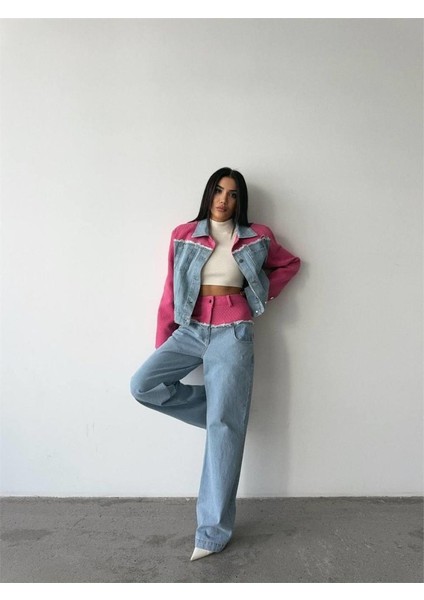 Parçalı Kot Ceket - Pantolon Takım - Fuşya