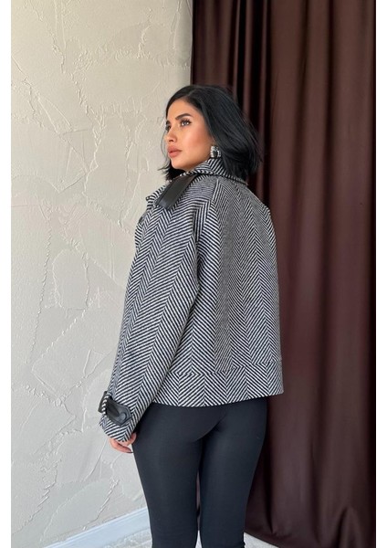 Gri Çizgili Deri Garnili Ceket modelleri