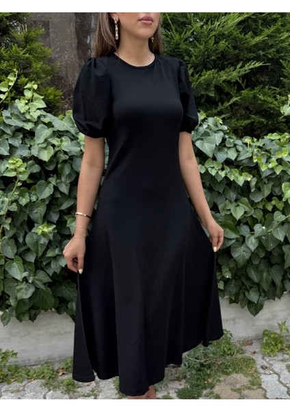 Kadın Kısa Balon Kollu Bisiklet Yaka Geniş Kesim Janjan Krep Elbise fiyatları