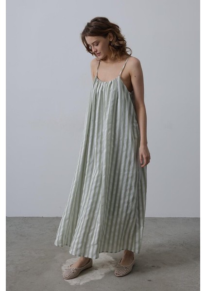 Askılı Çizgi Desen Elbise - Haki