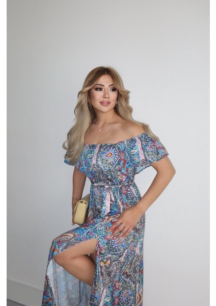 Kadın Kısa Kollu Madonna Yaka Fırfırlı Belden Yırtmaçlı Maksi Süprem Elbise