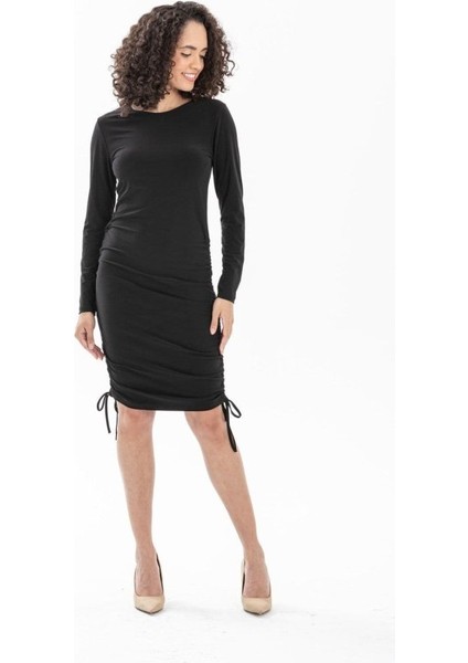 Kadın Uzun Kol Büzgü Detaylı Sandy Kumaş Ayarlanabilir Boy Fırsat Ürün Elbise modelleri