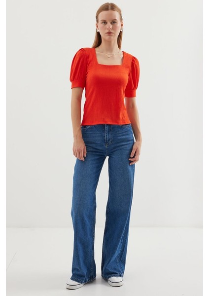 0409 Kare Yaka Örme Bluz - Oranje