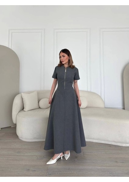 Kısa Kollu Önden Fermuarlı Çan Etekli Uzun Elbise - Antrasit fiyatları
