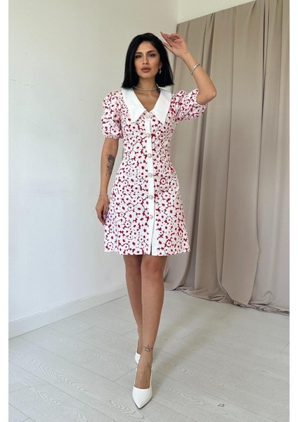 Fuşya Önlük Yakalı Poplin Elbise