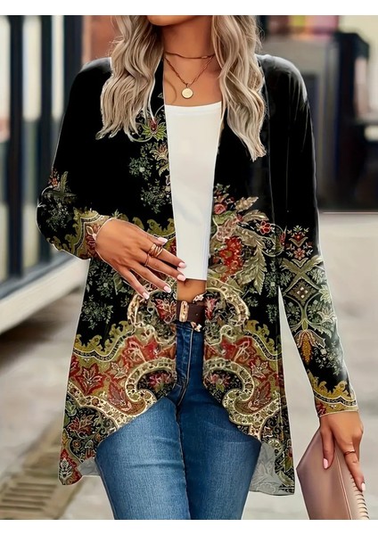 Kadın Uzun Kollu Önü Açık Desenli Şardonlu Dalgıç Ceket