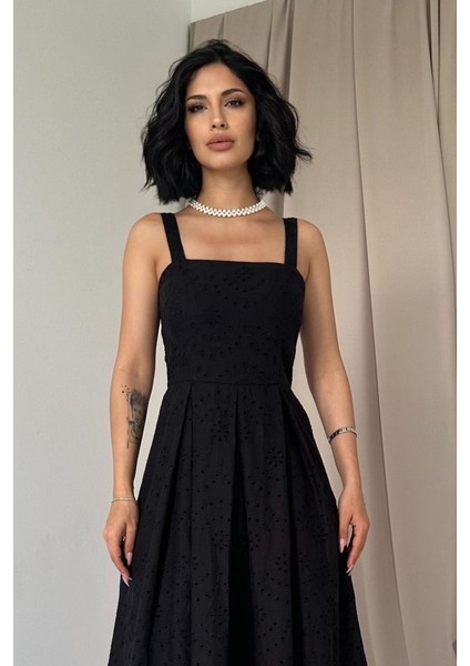 Siyah Askılı Aparatlı Brode Elbise fiyatları
