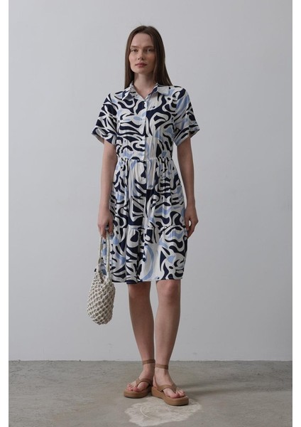 Baskılı Keten Elbise - Lacivert modelleri