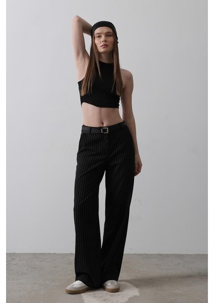 Kemerli Palazzo Pantolon - Siyah-Beyaz